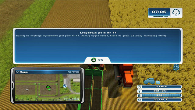Prompt screen informing of a new field auction. - Buying a new field on an auction | Agriculture - Agriculture - Farming Simulator 2013 Game Guide