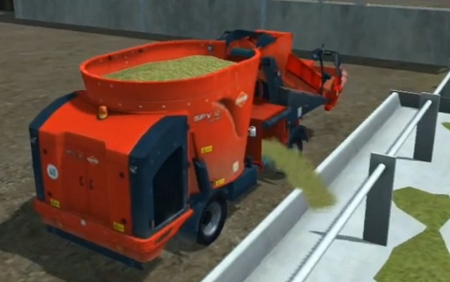 An advanced mixer wagon Kuhn SPV Confort 12 filling a manger with forage. - Cow husbandry | Animal husbandry - Animal husbandry - Farming Simulator 2013 Game Guide