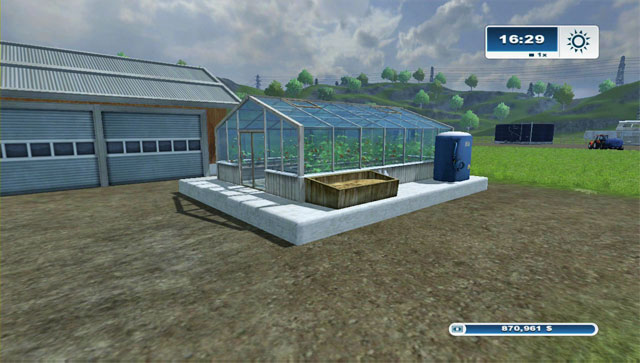 The greenhouse requires a water tank for 8 000 $ which is quite an expenditure - Buildings | Constructing additional buildings - Constructing additional buildings - Farming Simulator 2013 Game Guide