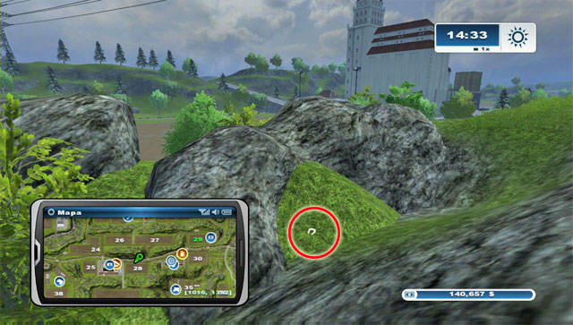 The horseshoe lies between rocks to the north of the river beside the Mill - Area B: horseshoes #14-#24 | Horseshoes - Horseshoes - Farming Simulator 2013 Game Guide
