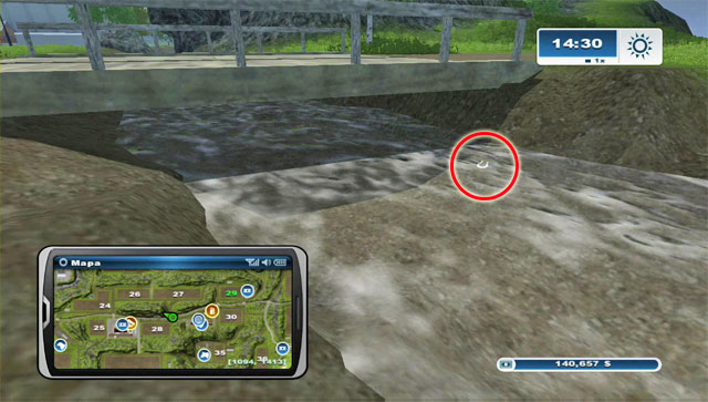 The horseshoe lies on the east side of the bridge across the river by field 28 - Area B: horseshoes #14-#24 | Horseshoes - Horseshoes - Farming Simulator 2013 Game Guide