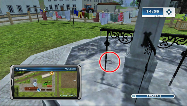 Nearby the place where you can sell wool theres a house with a fountain in the yard - Area B: horseshoes #14-#24 | Horseshoes - Horseshoes - Farming Simulator 2013 Game Guide