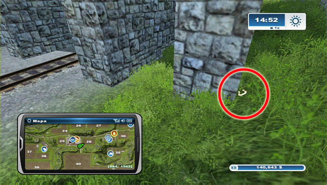 South of the Mill, the horseshoe is leaning against a support pillar of the flyover, on its west side - Area B: horseshoes #14-#24 | Horseshoes - Horseshoes - Farming Simulator 2013 Game Guide