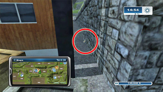 To the east of the Mill, the horseshoe is lying between the flyover leading to field 40 and the building - Area B: horseshoes #14-#24 | Horseshoes - Horseshoes - Farming Simulator 2013 Game Guide