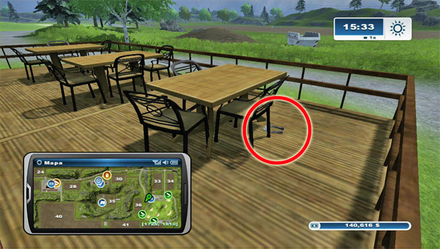 By the building to the north of the gold course theres a terrace and some tables with the horseshoe between them - Area C: horseshoes #25-#36 | Horseshoes - Horseshoes - Farming Simulator 2013 Game Guide