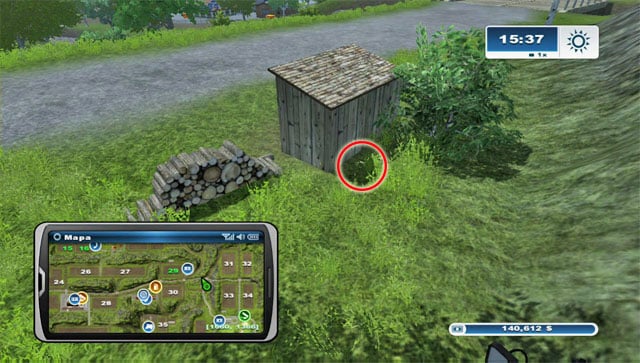 To the east of field 30, by the road, theres a pile of wood and a small shed - right behind it you will find the horseshoe - Area C: horseshoes #25-#36 | Horseshoes - Horseshoes - Farming Simulator 2013 Game Guide
