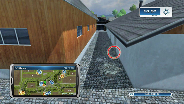 The horseshoe lies between two buildings to the east of the shop - Area E: horseshoes #45-#61 | Horseshoes - Horseshoes - Farming Simulator 2013 Game Guide