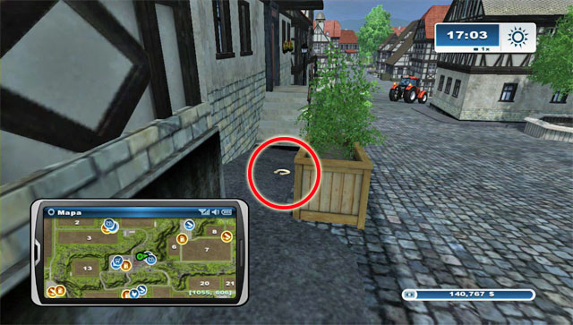 The horseshoe is in the town, hidden behind a wooden flower-pot in the northern row of buildings - Area E: horseshoes #45-#61 | Horseshoes - Horseshoes - Farming Simulator 2013 Game Guide