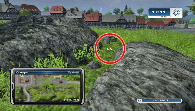 The horseshoe lies between rocks to the north of the town - Area E: horseshoes #45-#61 | Horseshoes - Horseshoes - Farming Simulator 2013 Game Guide