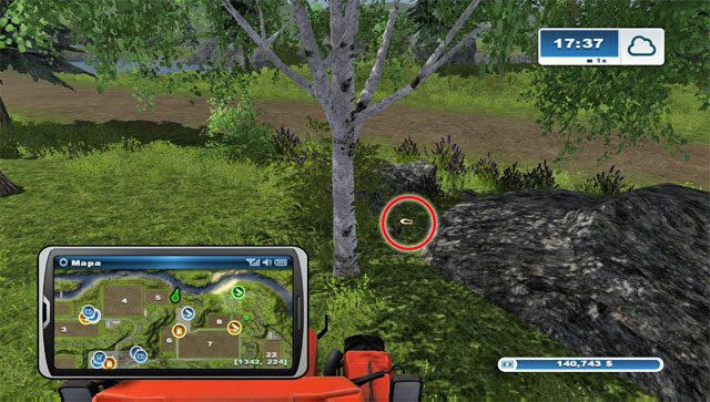 The horseshoe lies between rocks, trees and stumps east of field 5 - Area G: horseshoes #74-#89 | Horseshoes - Horseshoes - Farming Simulator 2013 Game Guide