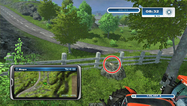Driving from the town along the road leading north, you should see a fence on the right - Area G: horseshoes #74-#89 | Horseshoes - Horseshoes - Farming Simulator 2013 Game Guide