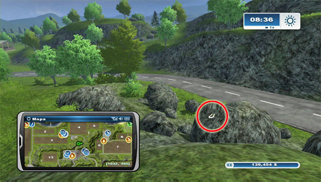 By the road leading north of the town, on the left there are some boulders - Area G: horseshoes #74-#89 | Horseshoes - Horseshoes - Farming Simulator 2013 Game Guide