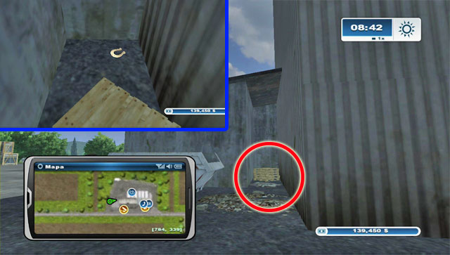 At the back of the Farm shop theres a nook with pallets - Area G: horseshoes #74-#89 | Horseshoes - Horseshoes - Farming Simulator 2013 Game Guide
