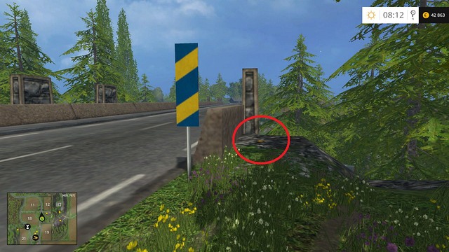 In the corner of the bridge, behind a sign - Section C - coins 30 - 44 - Gold Coins - Farming Simulator 15 Game Guide
