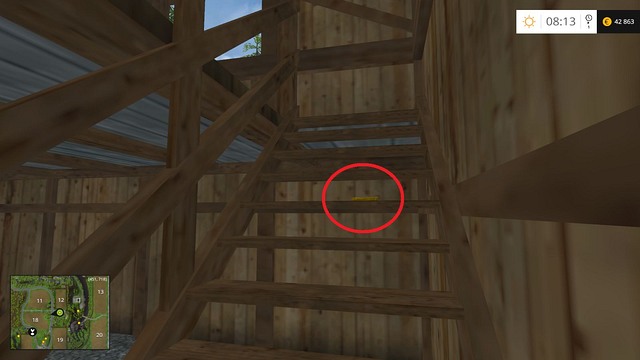 On the stairs, inside a wooden house by the road - Section C - coins 30 - 44 - Gold Coins - Farming Simulator 15 Game Guide