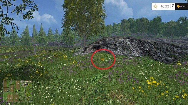 On a fenced meadow, near a rock - Section E - coins 55 - 69 - Gold Coins - Farming Simulator 15 Game Guide