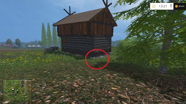 Close to the previous coin, behind a wooden hut - Section F - coins 70 - 89 - Gold Coins - Farming Simulator 15 Game Guide