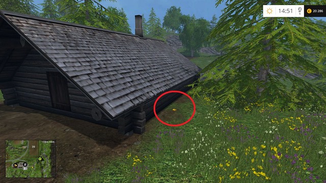 Next to a wooden hut - Section G - coins 90 - 100 - Gold Coins - Farming Simulator 15 Game Guide