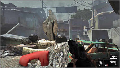 You will enter the square with a statue [1] Prepare for a longer fight with the enemies popping out from different directions - Level 02: Slums - Walkthrough - F.3.A.R. - Game Guide and Walkthrough