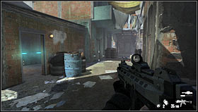 Enter the building with the hole in the floor [1] through which you can get to the lower floor - Level 02: Slums - Walkthrough - F.3.A.R. - Game Guide and Walkthrough