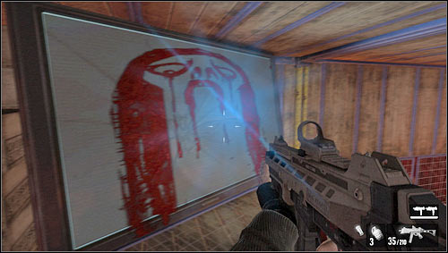 Kill the enemies and get to the TV-set covered with blood [1] marking the passage to the further part of the warehouse - Level 03: Store - Walkthrough - F.3.A.R. - Game Guide and Walkthrough
