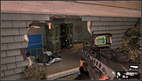 Upstairs go through the kitchen to go around the barricade then through the hole in the wall [1] go to the next building - Level 04: Suburbs - Walkthrough - F.3.A.R. - Game Guide and Walkthrough