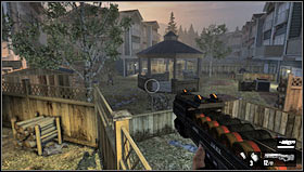 Use the table standing against the fence [1] to get to the tiny square with the arbor [2] - Level 04: Suburbs - Walkthrough - F.3.A.R. - Game Guide and Walkthrough