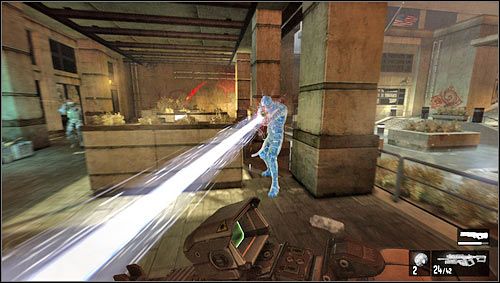 Outside you will see the electric soldier [1] who as usual summons help on the battlefield - Level 05: Tower - Walkthrough - F.3.A.R. - Game Guide and Walkthrough