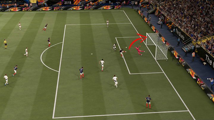 In the picture above, you can see a situation in which a side midfielder cross the ball into the penalty area directly on the head of his teammate, and he takes a header shot in the upper left corner of the goal - FIFA 21: Shots - Basics - FIFA 21 Guide