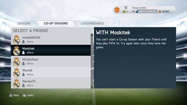 You start by selecting a friend from the list and the game starts - Seasons - FIFA 14 - Game Guide and Walkthrough