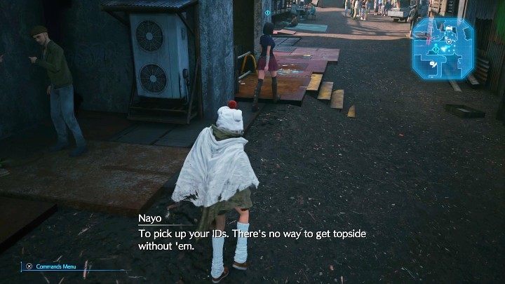 Leave the hideout and talk to Nayo, then follow her to the designated location to receive purchased IDs - Final Fantasy VII Remake Intermission: The Handoff - walkthrough - Chapter 1: Wutais Finest - Final Fantasy 7 Remake Guide