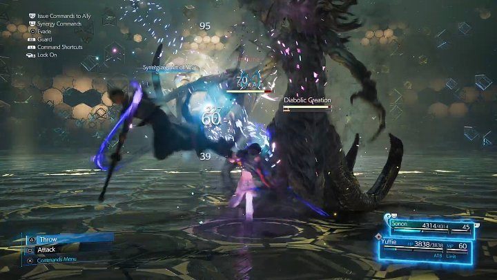 After the battle begins, instantly focus your melee attacks on the Right Arm of the Diabolic Creation - it is best to attack together with Sonon - Final Fantasy VII Remake Intermission: A New Threat - walkthrough - Chapter 2: Covert Ops - Final Fantasy 7 Remake Guide