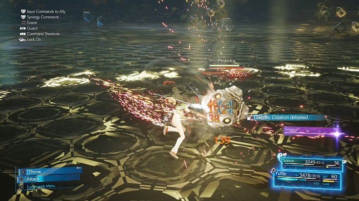 After destroying the Diabolic Creation, The Projector will lose his shield and will be susceptible to attacks - Final Fantasy VII Remake Intermission: A New Threat - walkthrough - Chapter 2: Covert Ops - Final Fantasy 7 Remake Guide