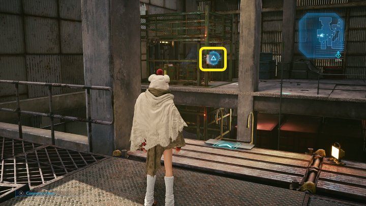 Before you leave the warehouse, look for another elevator - throw a shuriken at the lever shown in the screenshot above and use the ladder to reach the bottom floor - Final Fantasy VII Remake Intermission: HP Up Materia - location - Sector 7: Slums - Final Fantasy 7 Remake Guide