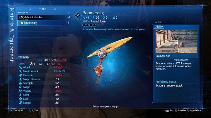 Boomerang has one additional Materia space compared to Yuffies standard weapon (4-Point Shuriken) and offers a bonus to Magic Attack, but deals lower physical damage - Final Fantasy VII Remake Intermission: Boomerang - location - Sector 7: Slums - Final Fantasy 7 Remake Guide