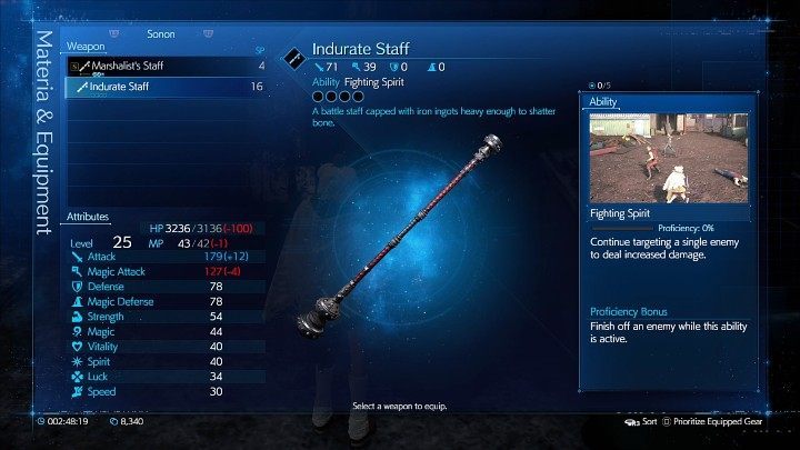 Indurate Staff has an additional Materia space compared to Sonons basic weapon (Marshalists Staff) and offers a bigger bonus to attack, but deals less magic damage (Magic Attack) - Final Fantasy VII Remake Intermission: Indurate Staff - location - Sector 7: Slums - Final Fantasy 7 Remake Guide