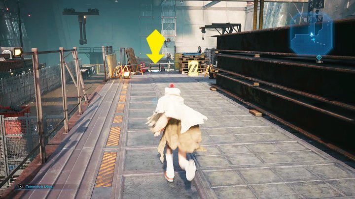 After defeating the soldiers turn right and continue to the ladder - weve marked the descent with the yellow arrow - Final Fantasy VII Remake Intermission: Prayer Materia - location - Shipping Facility - Final Fantasy 7 Remake Guide