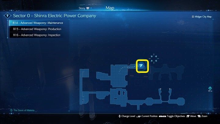 Djinn Staff is found in the area shown in the screenshot above, in Level B14 of Advanced Weaponry (Maintenance) - Final Fantasy VII Remake Intermission: Djinn Staff - location - Shinra Electric Power Company - Final Fantasy 7 Remake Guide