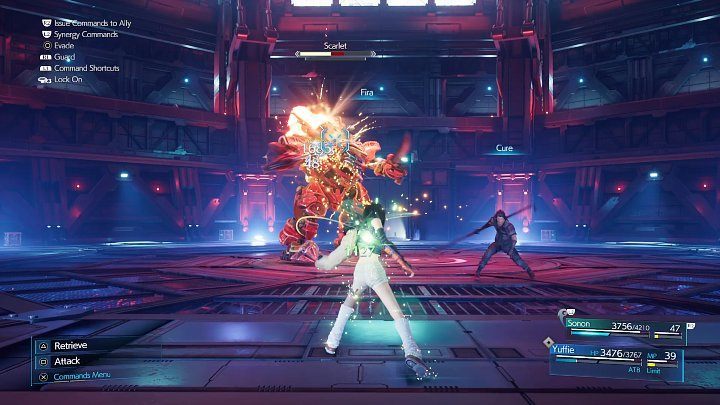 Now, use Fire spells (Fire/Fira) to depose Scarlet of all her health and stun her, which will make The Crimson Mare enter Pressured status - Final Fantasy VII Remake Intermission: Scarlet / The Crimson Mare - boss, how to beat? - Bosses - Final Fantasy 7 Remake Guide