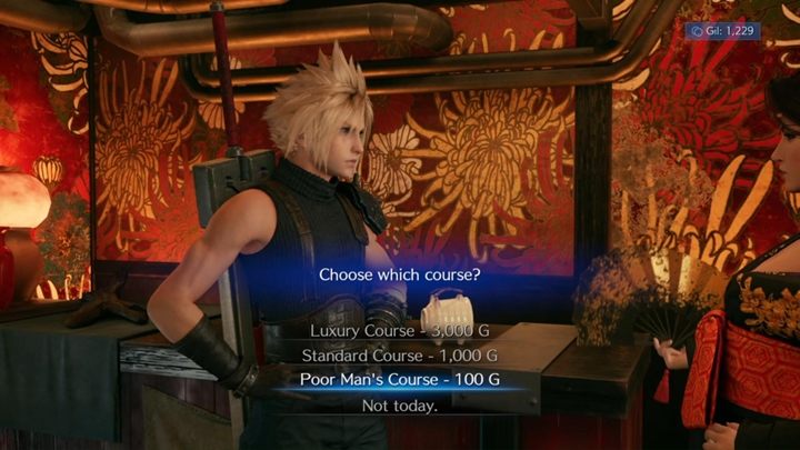 Go to Madam Ms and, after the cutscene, choose one of her services - Luxury Course, Standard Course or Poor Mans Course - Final Fantasy 7 Remake: The Town That Never Sleeps, walkthrough - Chapters - Final Fantasy 7 Remake Guide