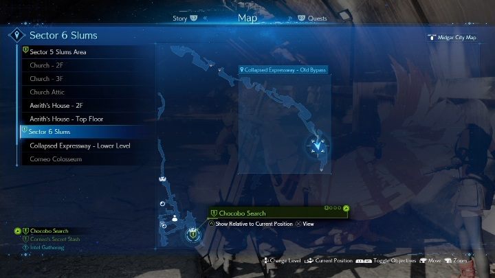 The first Chocobo is waiting for you in Sector 6 of the Slum - Collapsed Expressway - Old Bypass - Final Fantasy 7 Remake: Chocobo Search quest, walkthrough - Chapter 14, In Search of Hope - Final Fantasy 7 Remake Guide