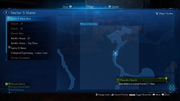 The third Chocobo is waiting for you in the Sector 5 Slum Area - Nuts n Bolts Hills - Final Fantasy 7 Remake: Chocobo Search quest, walkthrough - Chapter 14, In Search of Hope - Final Fantasy 7 Remake Guide