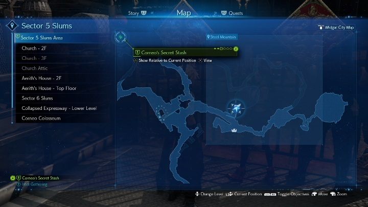 The first cache is located at Steel Mountain, just north of Sector 5 Undercity - Final Fantasy 7 Remake: Corneos Secret Stash quest, walkthrough - Chapter 14, In Search of Hope - Final Fantasy 7 Remake Guide