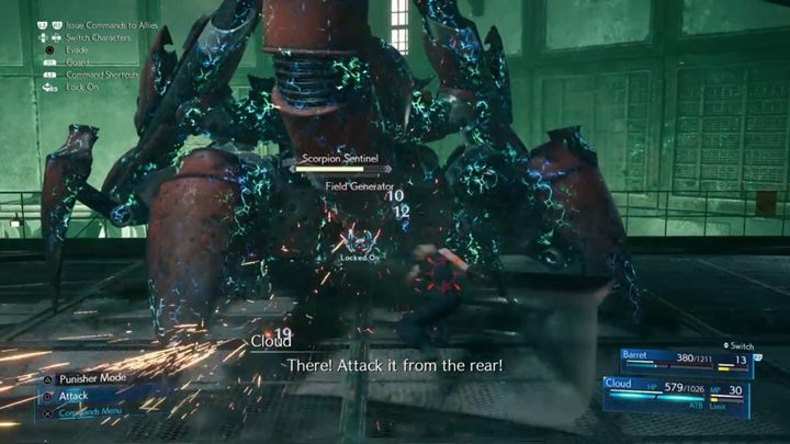 After taking some of his life, the boss jumps back - approach him and continue attacking with the help of Thunder and Clouds special abilities - Final Fantasy 7 Remake: Scorpion Sentinel boss fight - Bosses - Final Fantasy 7 Remake Guide