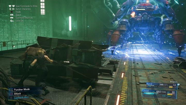 During the third phase, the enemy will start shooting lasers from the tail - Final Fantasy 7 Remake: Scorpion Sentinel boss fight - Bosses - Final Fantasy 7 Remake Guide