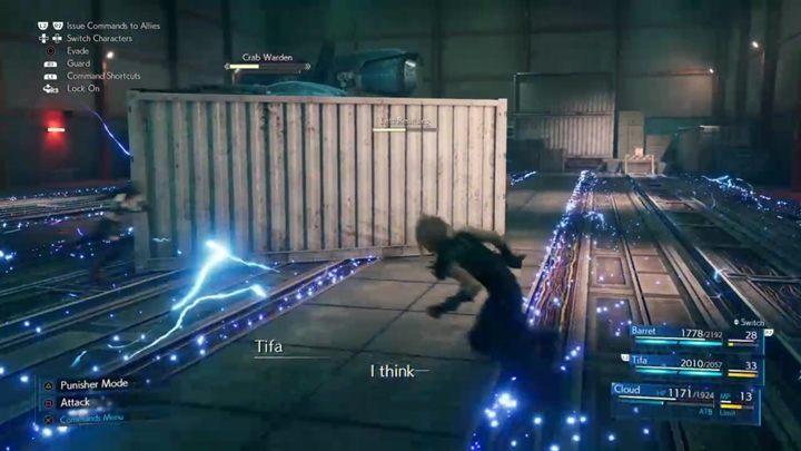 During the third phase of the fight, the boss gets a new attack - he will charge the tracks with electricity - Final Fantasy 7 Remake: Crab Warden boss fight - Bosses - Final Fantasy 7 Remake Guide