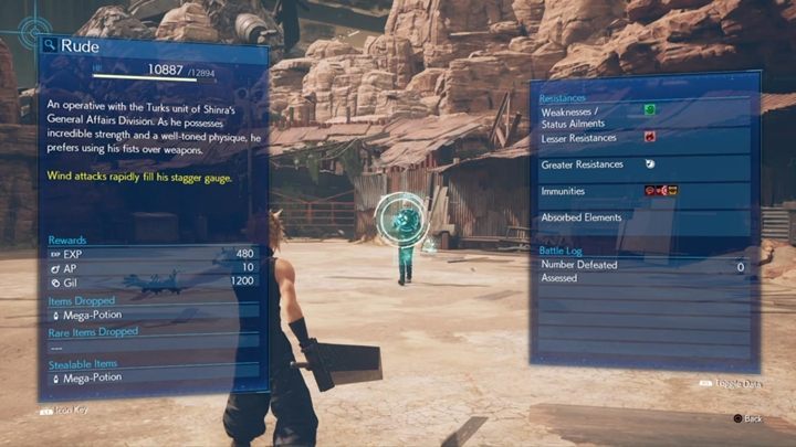 Rude has 12,894 HP and is susceptible to Wind element - Final Fantasy 7 Remake: Rude boss fight - Bosses - Final Fantasy 7 Remake Guide