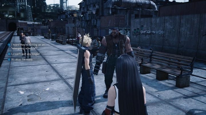 Run to the station and talk to Tifa and Barrett, then get on the train - Final Fantasy 7 Remake: Mad Dash, walkthrough - Chapters - Final Fantasy 7 Remake Guide