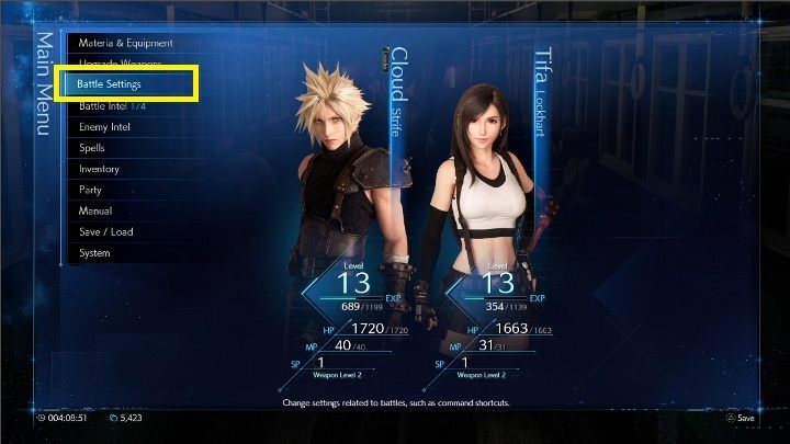 Open the menu and go to the Battle Settings option - Final Fantasy 7 Remake: Combat - how to set shortcuts? - FAQ - Final Fantasy 7 Remake Guide