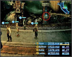 Inside press the blue button on a pillar and run to the doors that have just opened - Henne Mines | Part II - Part II - Final Fantasy XII Game Guide